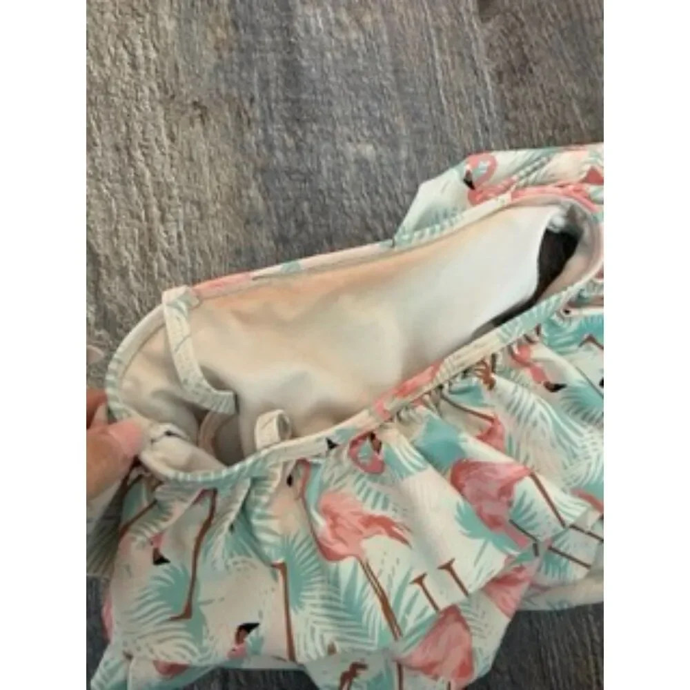 RuffleButts Girls 4T Flamingo Tropical Ruffle One Piece Swimsuit Aqua Pink